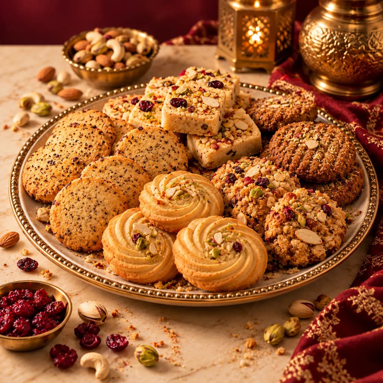 Freshly baked Punjabi cookies with nuts on a brass platter