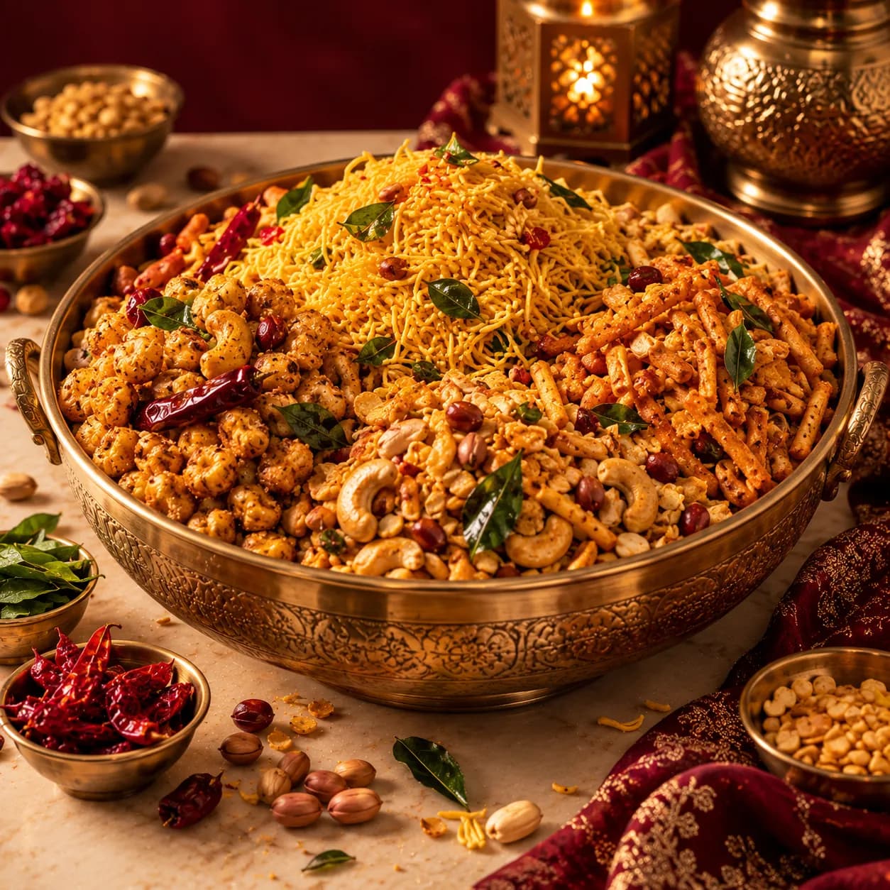 Spiced Lyallpuri namkeen mixture in a brass bowl