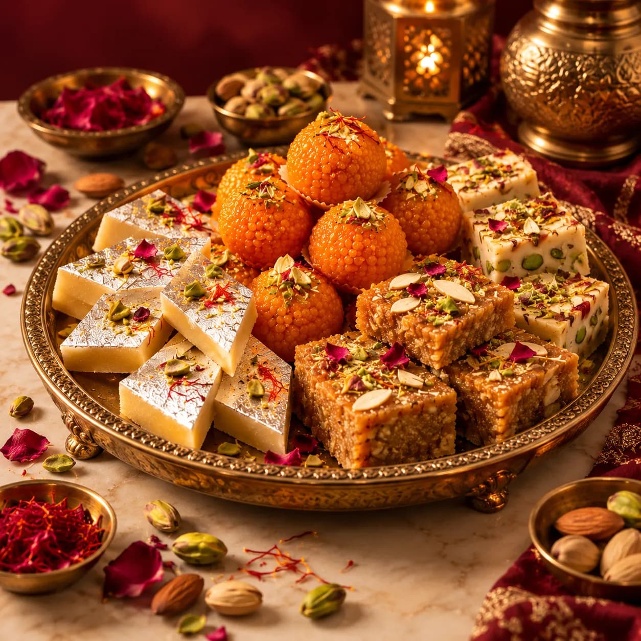 Assorted Indian mithai — kaju barfi and motichoor laddu on a brass thali