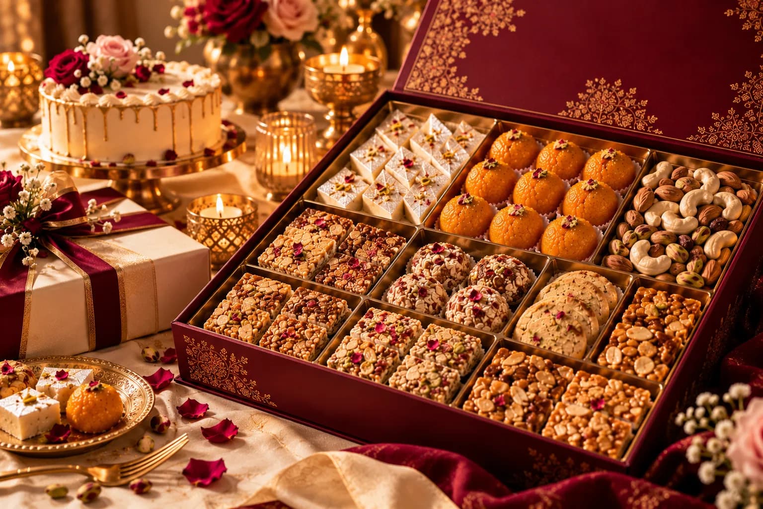 Birthday sweets box beside a celebration cake