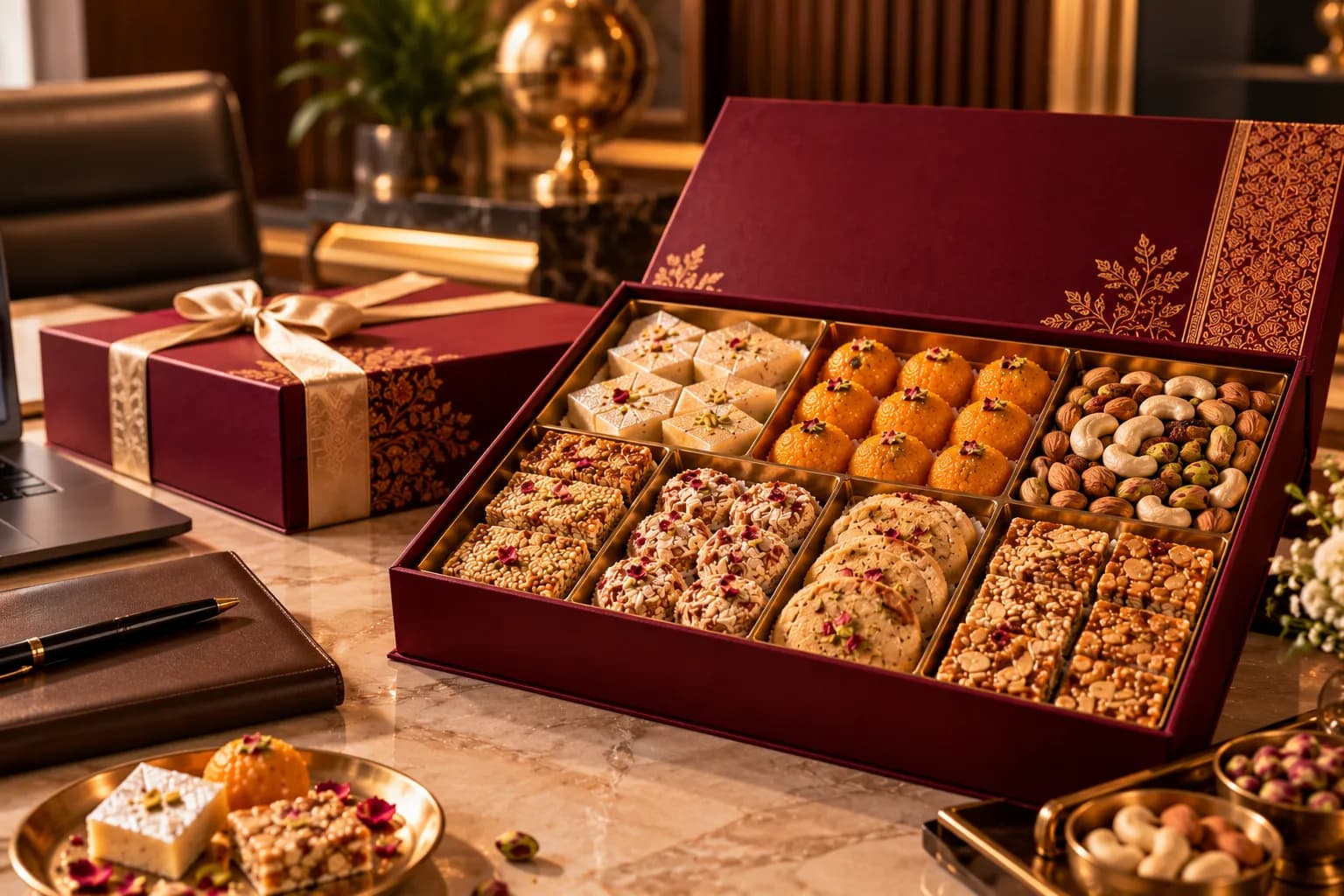 Corporate sweets hamper on an executive desk