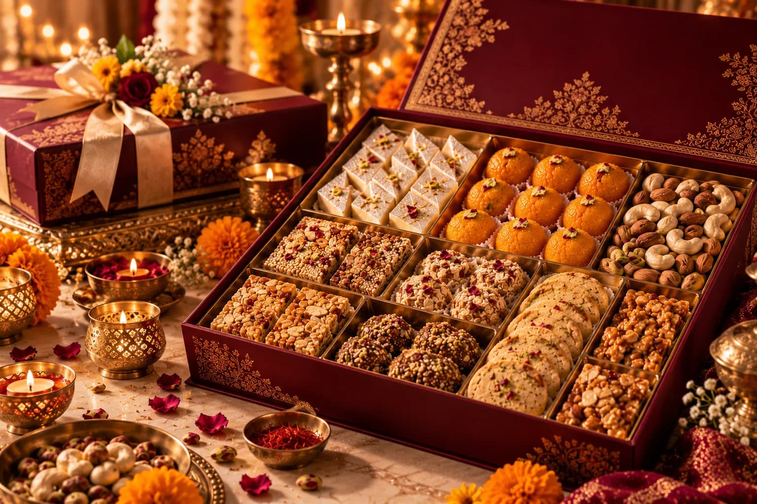 Festive mithai box among diyas and marigolds