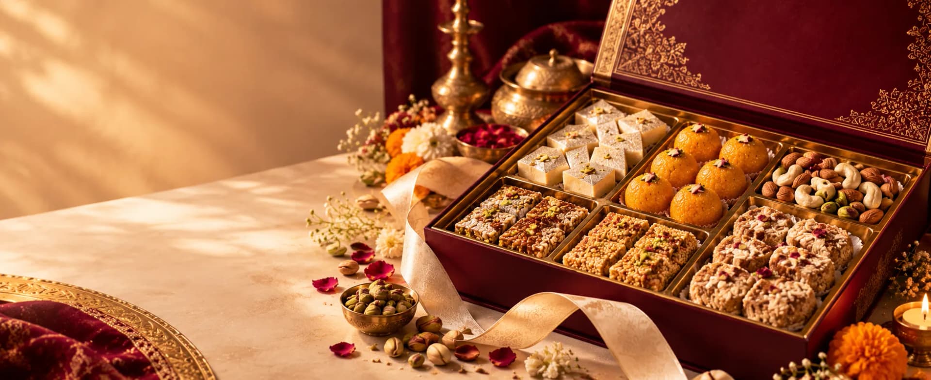 Luxurious burgundy sweets gift box with assorted mithai and diyas