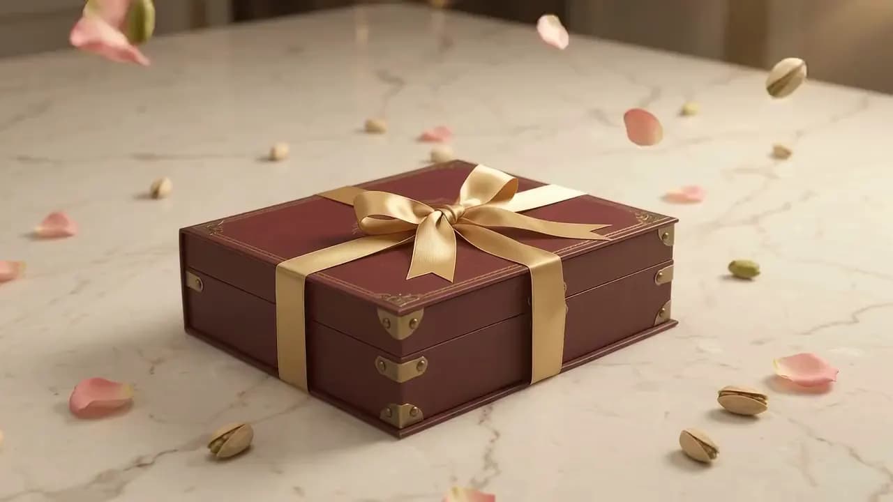 A burgundy Lyallpur gift box opening to reveal assorted sweets