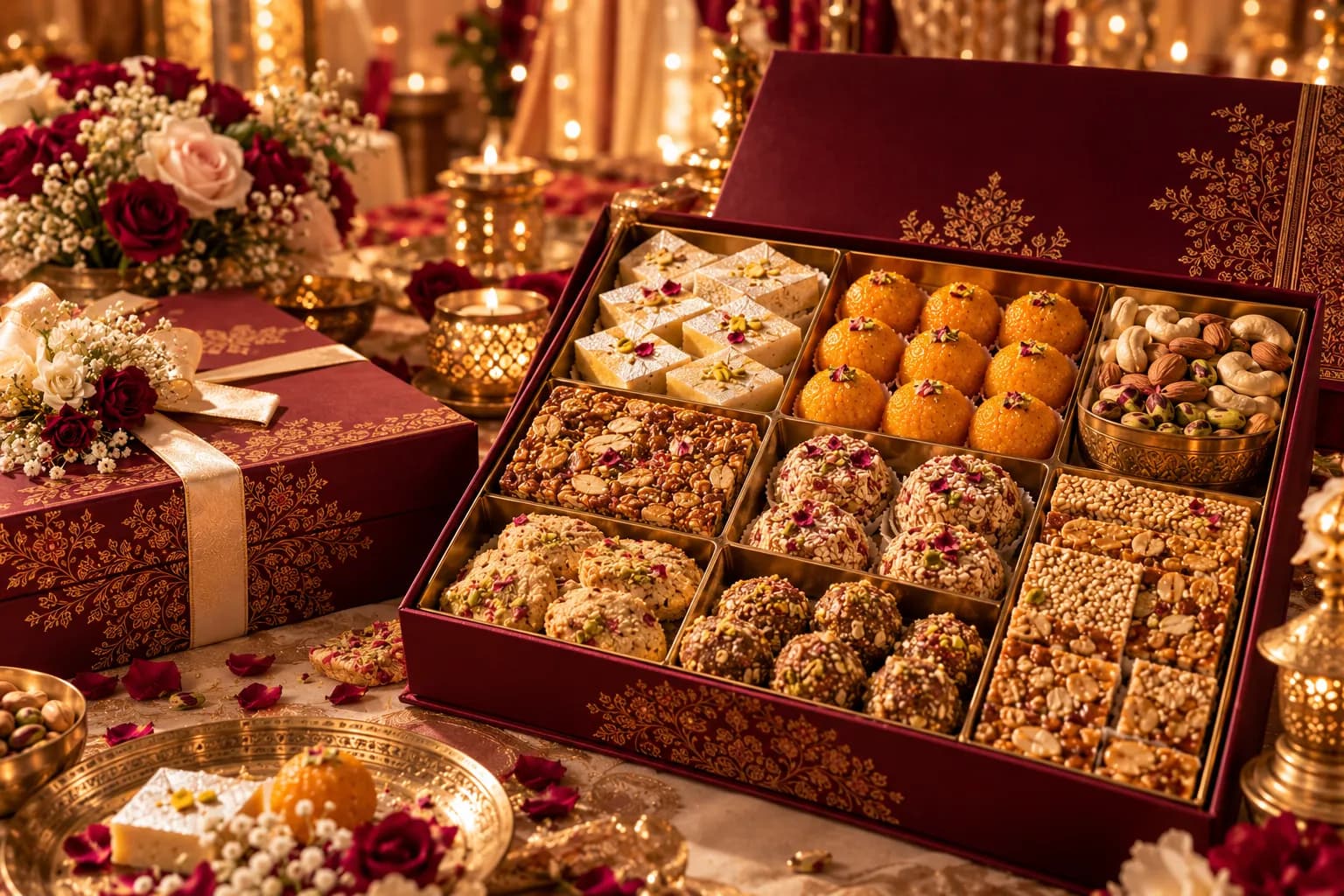 Wedding sweets boxes with red silk