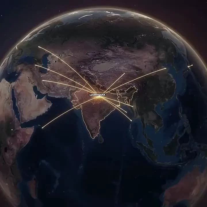 Earth at night with golden routes radiating from India