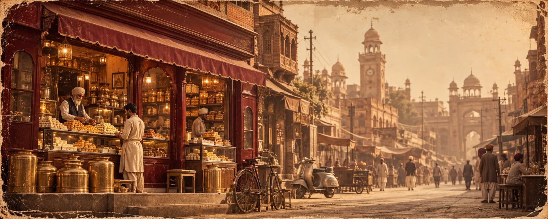Sepia photograph of the original Lyallpur sweet shop on a bustling Punjab street