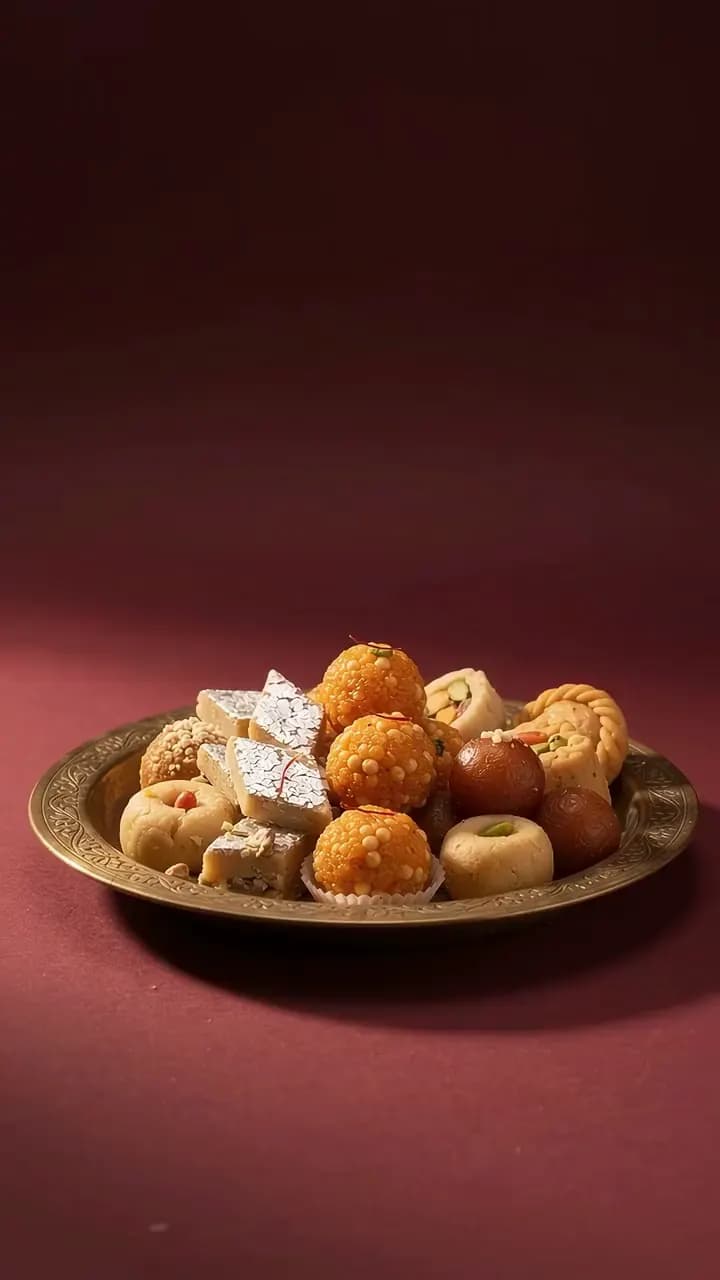 Kaju barfi and peda suspended above a brass plate