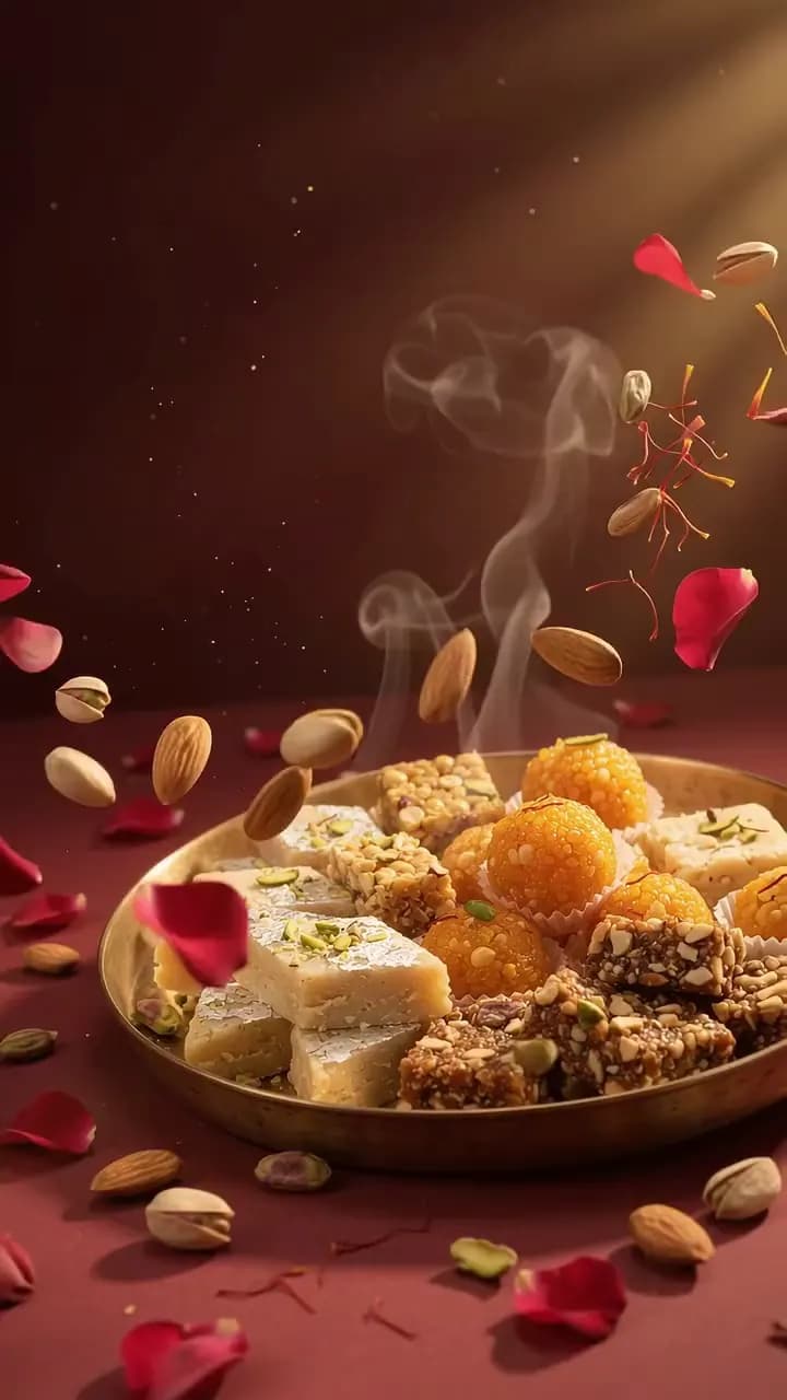 Kaju barfi, motichoor laddu and dry-fruit sweets on an engraved brass thali