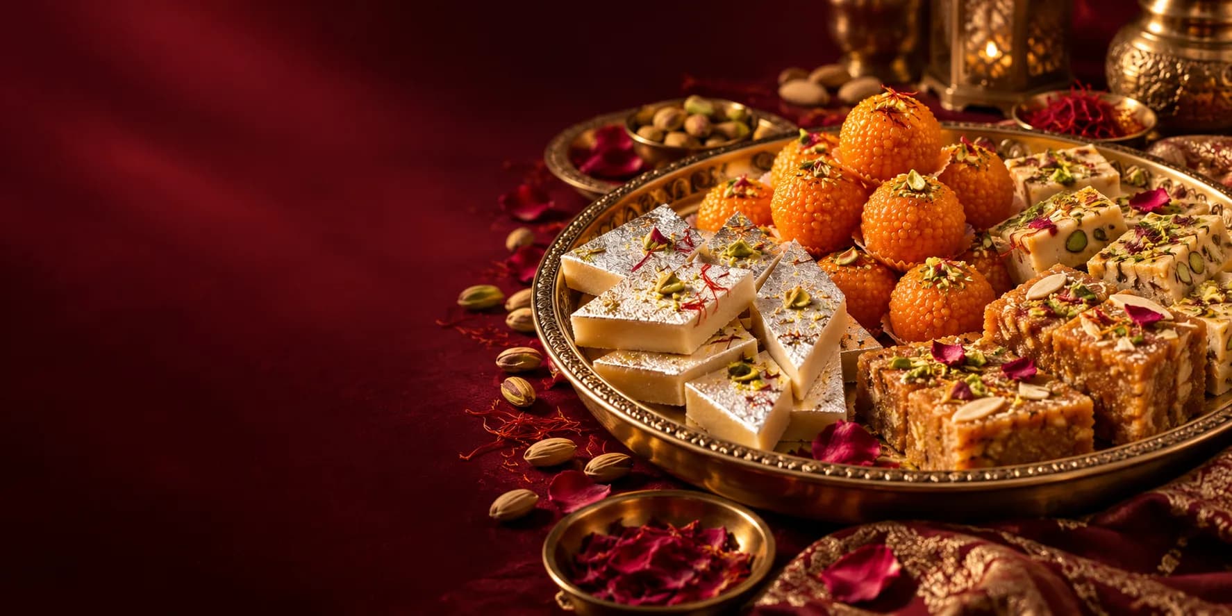 A brass thali of assorted Lyallpur sweets