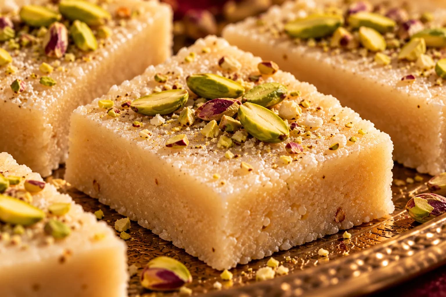 Close-up of kaju barfi with pistachio