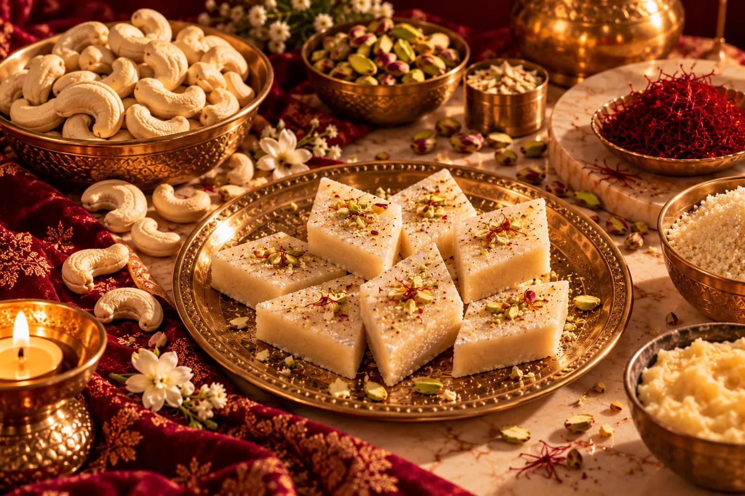 Kaju barfi with cashews, saffron and cardamom