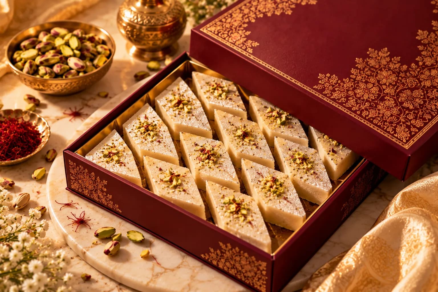 Kaju barfi packed in a burgundy Lyallpur box, ready to travel