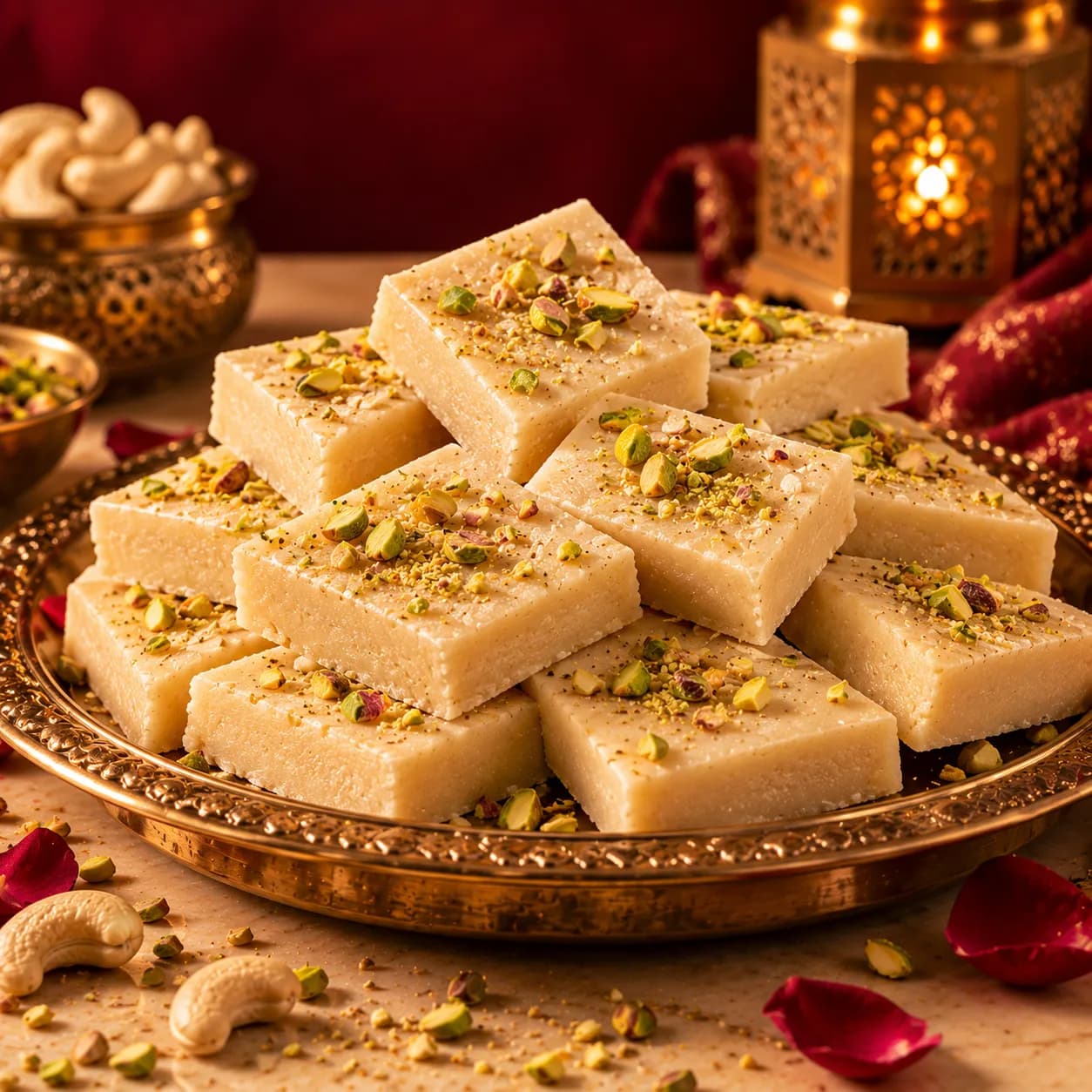 Kaju barfi diamonds with silver vark and pistachio on a brass thali