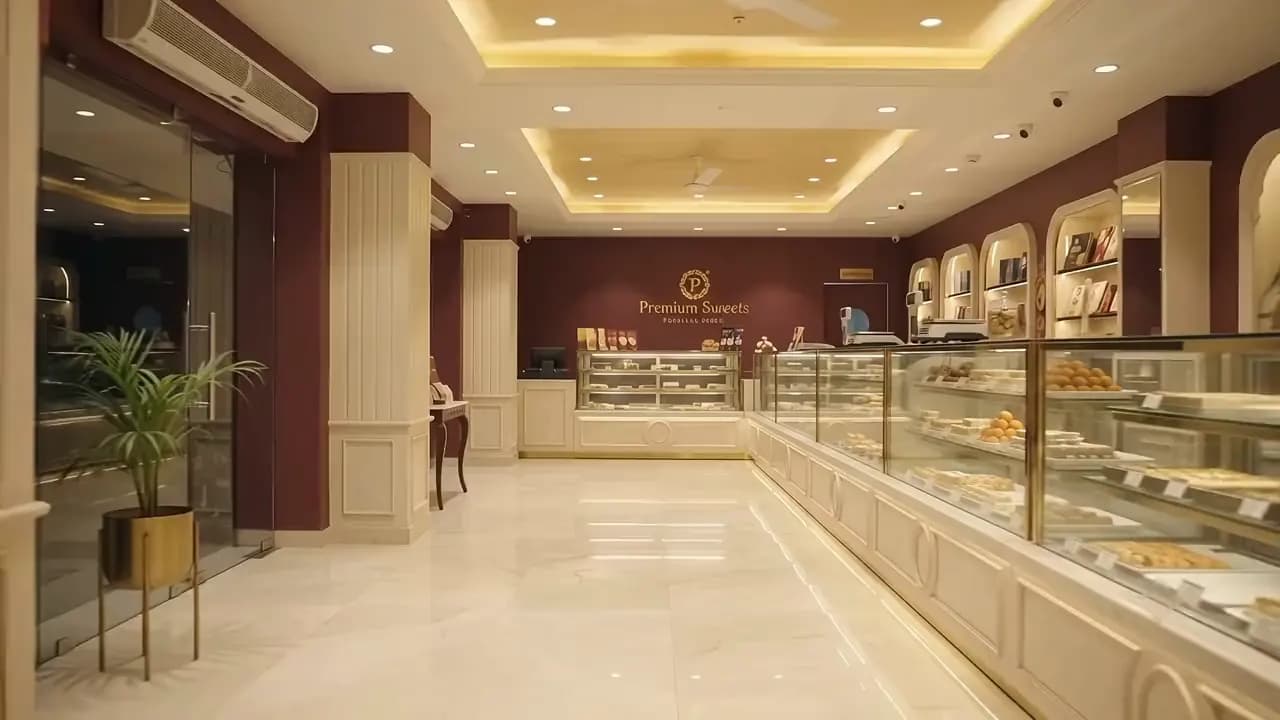 Inside the Lyallpur Sweets Model Town store with glass counters