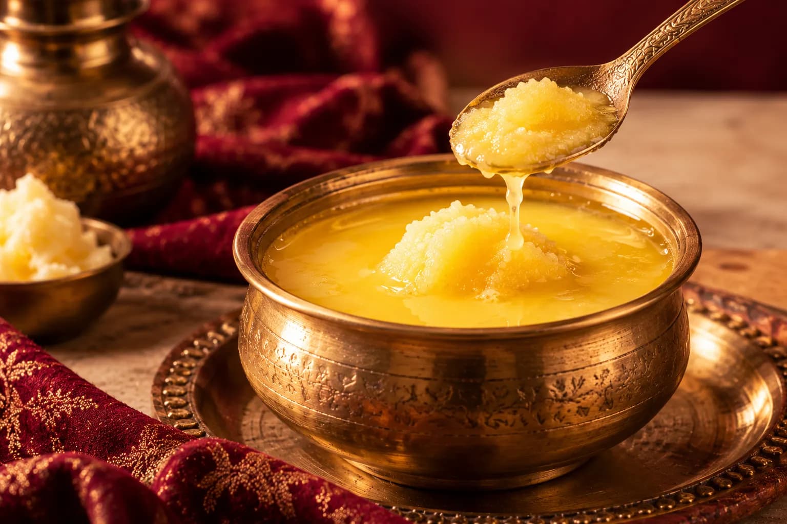 Golden desi ghee poured from a spoon into a brass bowl