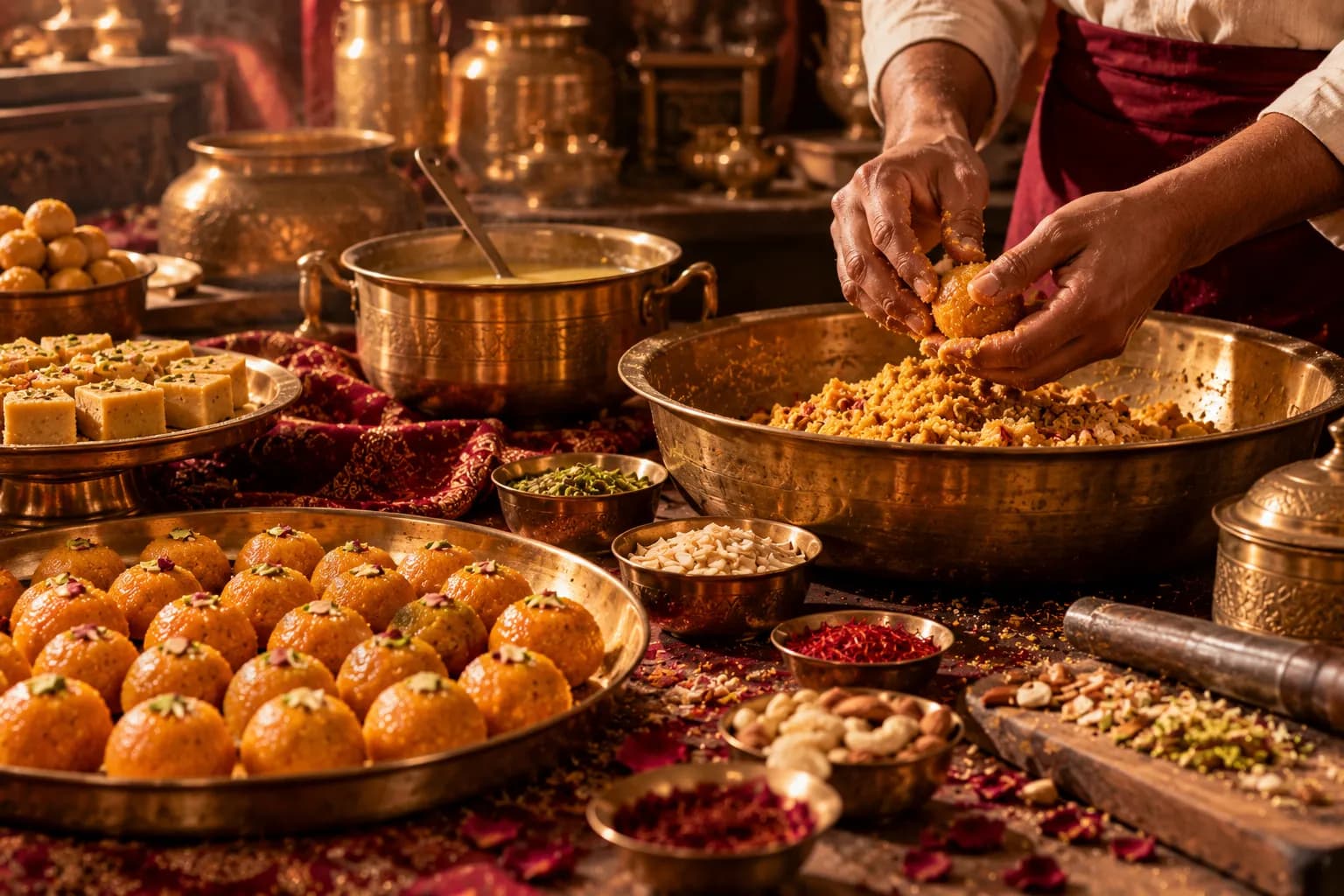 Halwai hands rolling fresh laddus in a traditional kitchen