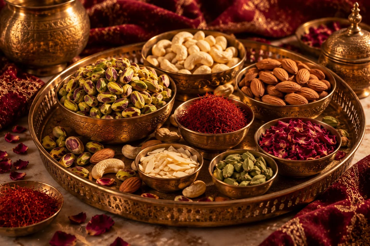 Brass thali of cashews, almonds, pistachios and saffron