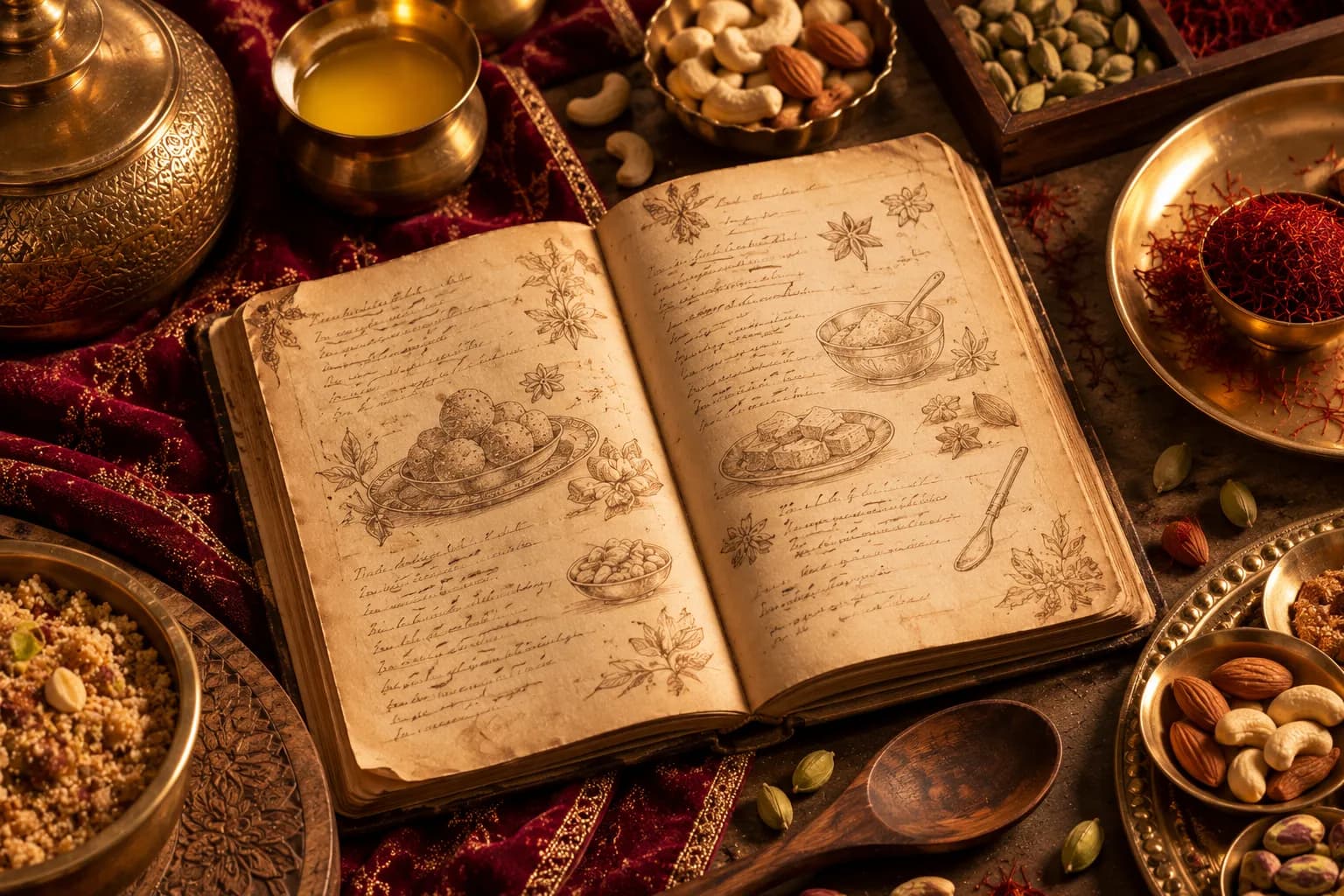 Hand-written family recipe book beside spices and ghee